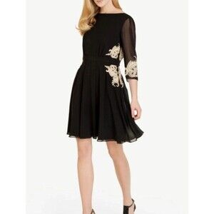 Ted Baker London Black Chiffon Cocktail Dress US Sz Small/4-6 Gold Embroidery